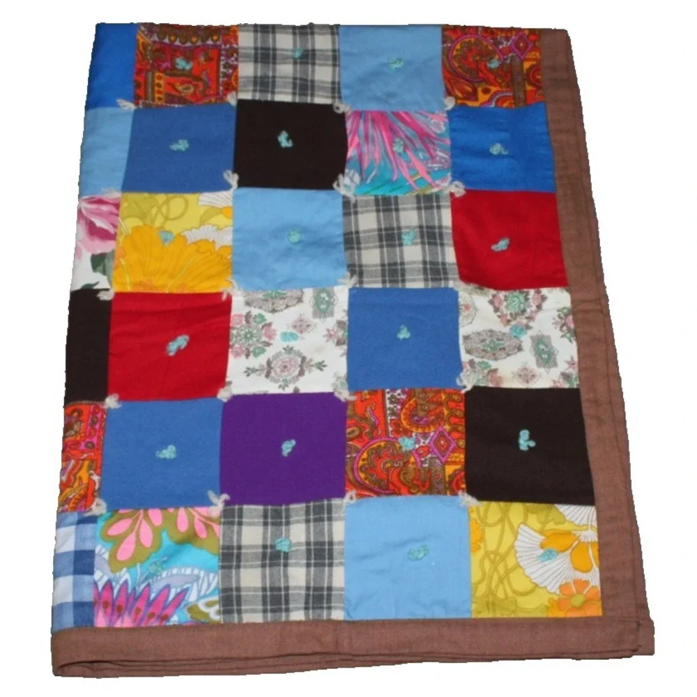 colorful vintage 1970s polyester patchwork quilt yarn ties 44